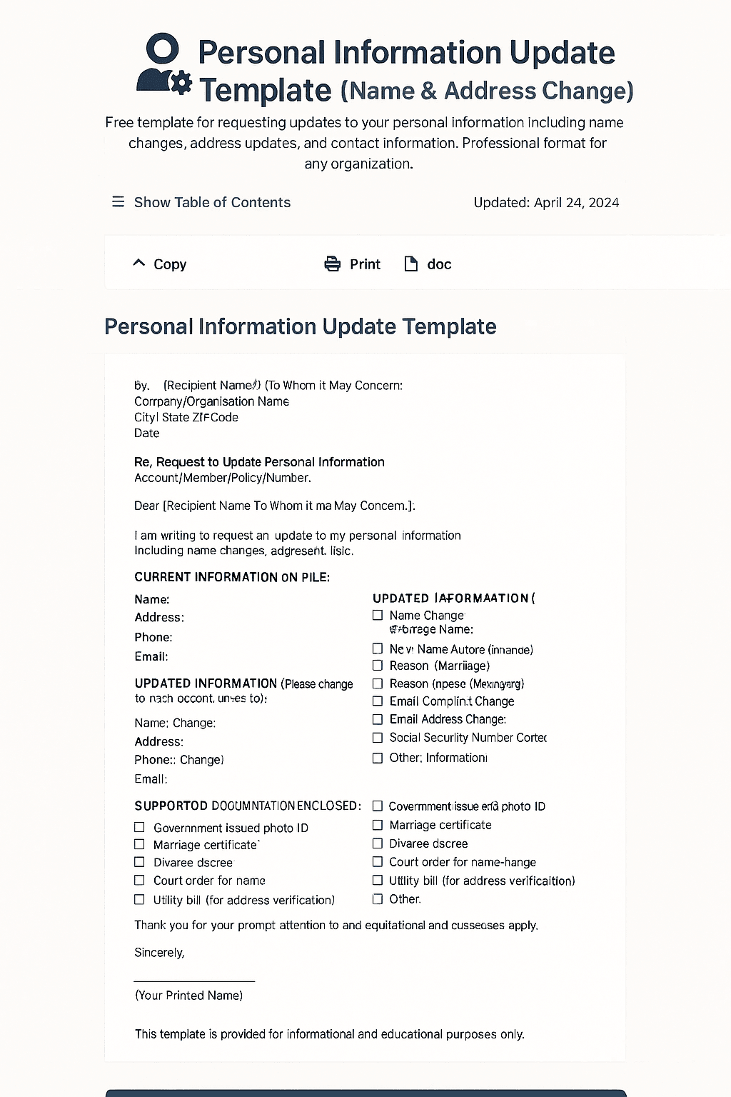 Personal Information Update Letter Template preview