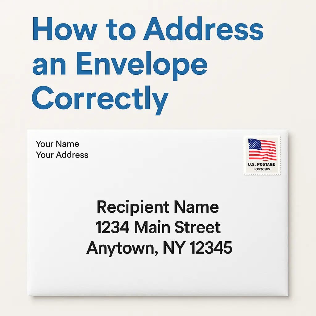 USPS envelope example with correct return address, recipient address, and stamp placement
